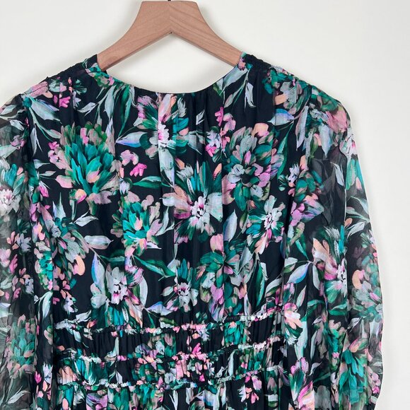 Anthropologie Shoshanna Silk Floral Midi Dress Sheer Puff Sleeve Wedding Guest 8 - Picture 9 of 11